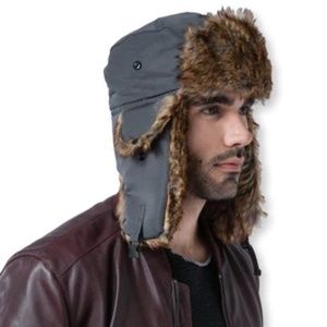 2 Gray Winter Trapper Hats With Brown Faux Fur